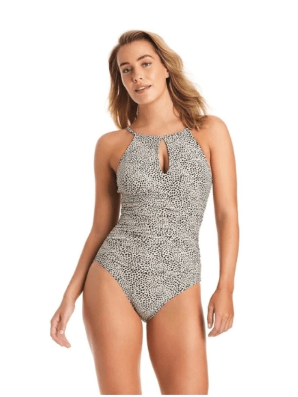 Ellen Tracy Womens Spotted High Neck Over The Shoulder One Piece Swimsuit Sz 14